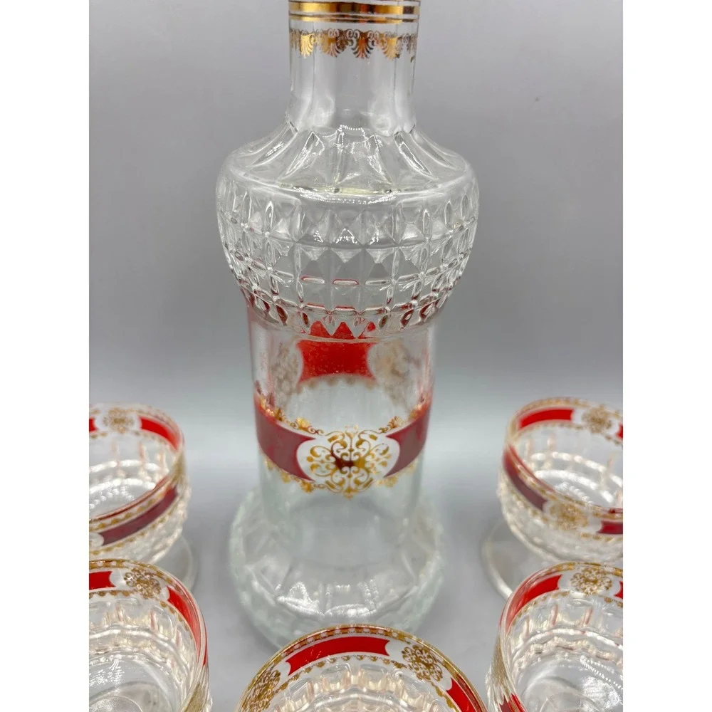 Vintage Red‎ Gold Filigree Glass Decanter Set with 5 Cordial Glasses Bar EMPTY